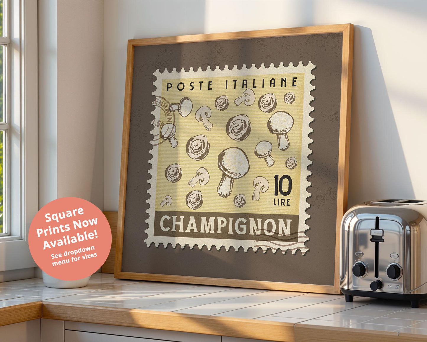 Vintage Mushroom Poster, Italian Food Art Print | Retro Kitchen Print | Retro Stamp Poster, Trendy Kitchen Art, Food Gift Ideas