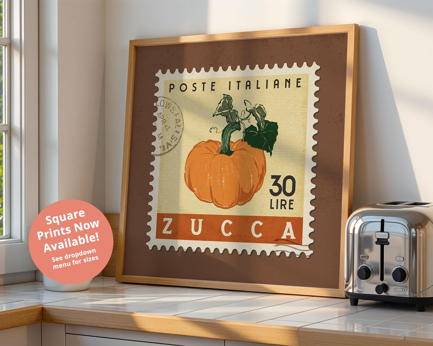 Pumpkin Poster, Retro Stamp Poster | Retro Kitchen Print | Italian Food Art Print, Trendy Kitchen Decor, Unique Food Gift