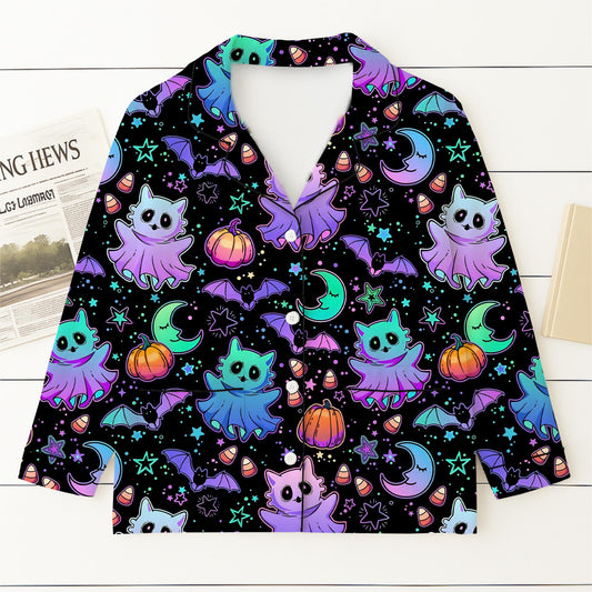 Halloween Neon Witch Cat Pumpkin Bat Pajamas Set, Neon Halloween Sleepwear, Halloween Night Homewear, Cozy Loungewear, Spooky Season Gift