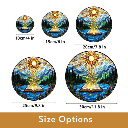 Open Book and Sun Rays Stained Glass Suncatcher Window Hanging Nature Gift for Teachers