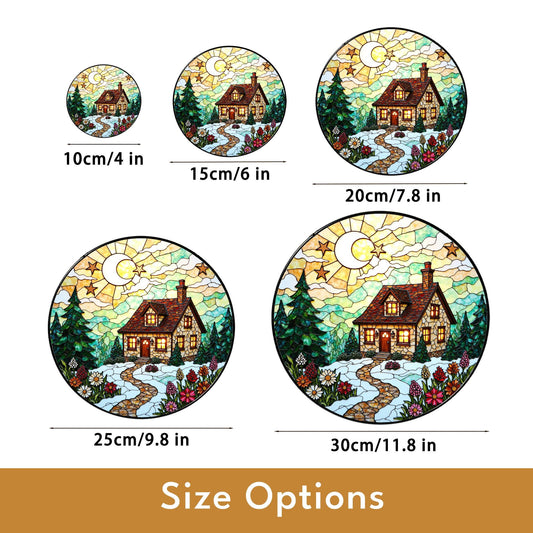 Cozy cabin winter night forest scene stained glass suncatcher window hanging Christmas gift