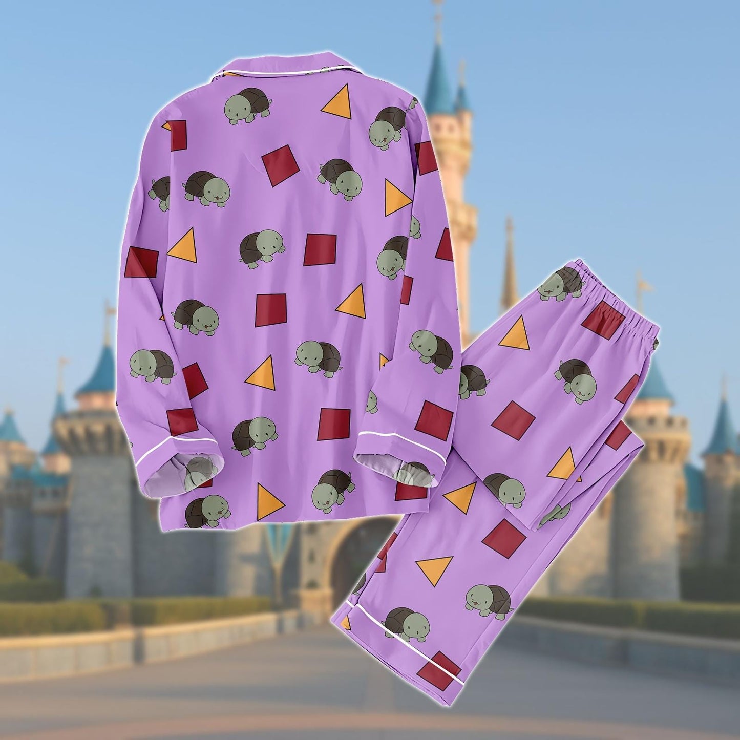 Cute Turtle Long Pajamas Set, Purple Geometric Cartoon Nightwear, Zoey’s Turtle Print Sleepwear, Cozy Animal Pajamas For Women Gift