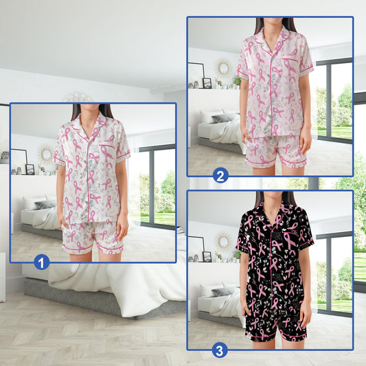 Breast Cancer Satin Pajamas Set, Wear Pink In October Pajama Set, Pink Ribbon Sleepwear, Floral Breast Cancer Support Gift for Fighter