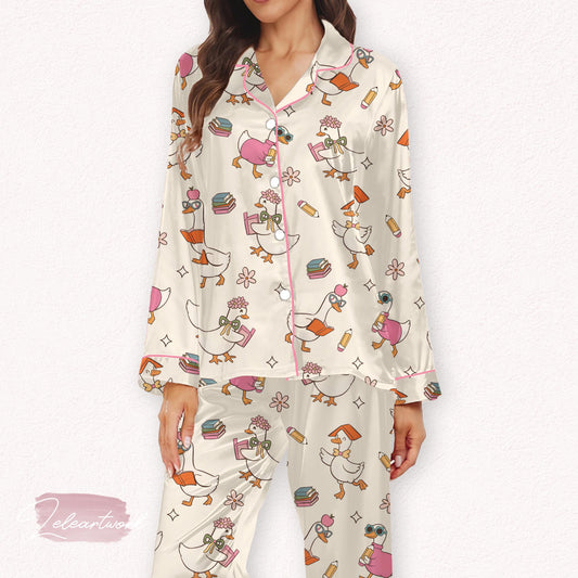 Back to School Goose Set – Cute Teacher Pajamas with Bookish Goose Print, Cozy Sleepwear for Fall, Classroom, or Study Nights