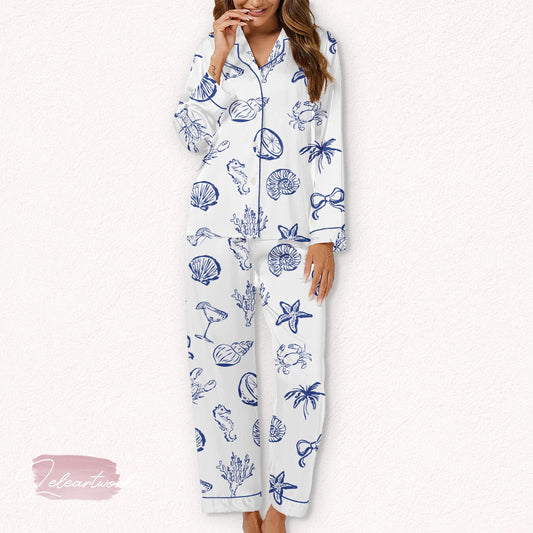 Beach Coastal Set – Nautical Summer Pajamas with Seashell, Coral & Cocktail Print | Ocean Lover Loungewear | Resort Sleep Set