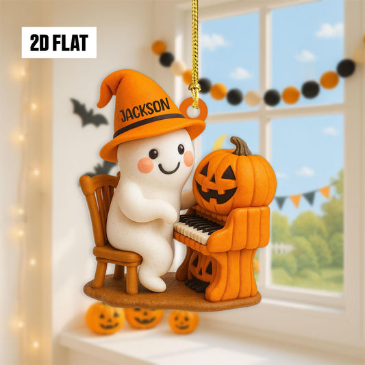 Personalized Halloween Ornament – Cute Ghost With Pumpkin Piano, Custom Name, 2D Flat Design, Fun And Spooky Halloween Hanging Window