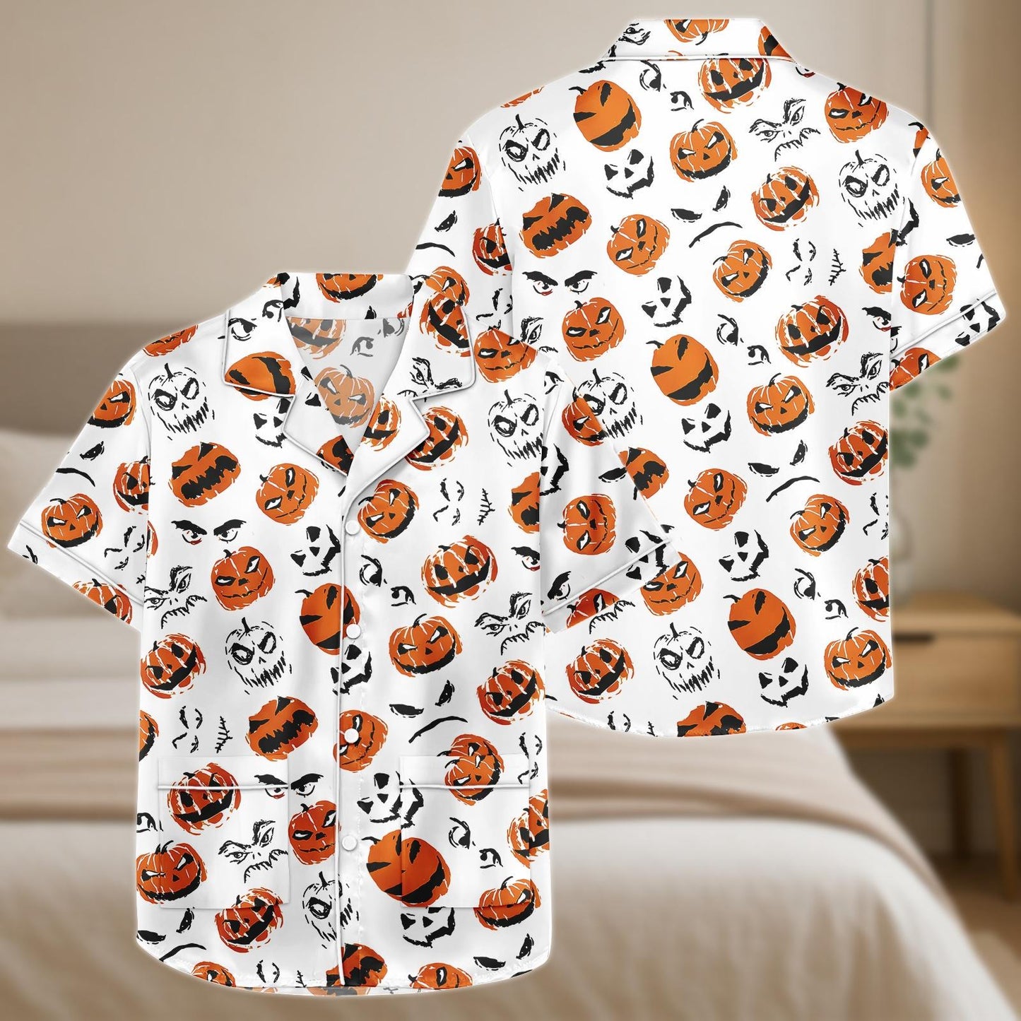 Pumpkin Face Halloween Pajama Set, Spooky Jack O Lantern Satin PJs, Orange Black Short Sleeve Sleepwear, Scary Cute Lounge Set