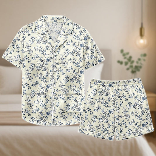 Blue Vine Floral Satin Pajama Set, Soft Short Sleeve Sleepwear for Women, Elegant Summer Pajamas with Shorts, Botanical Print