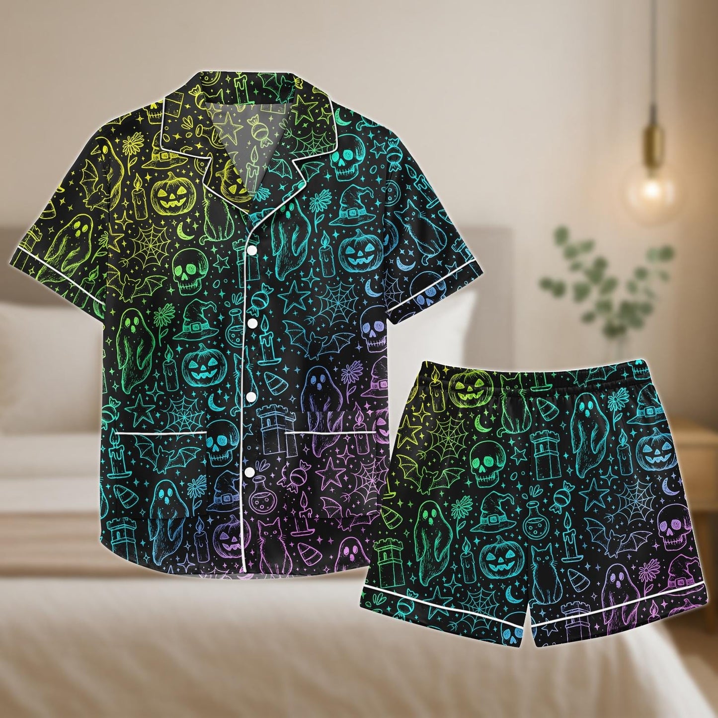 Rainbow Halloween Pajama Set, Ghost Pumpkin Skull Satin Shorts Set, Spooky Cute Sleepwear, Rainbow Witchy Nightwear for Her