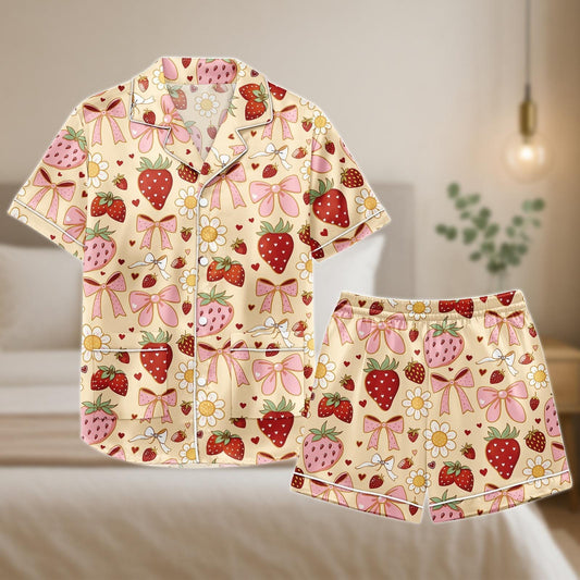 Strawberry Bow Pajama Set, Cute Fruit Satin Sleepwear for Women, Girly Short Sleeve Lounge Set, Summer Strawberry Shorts PJs