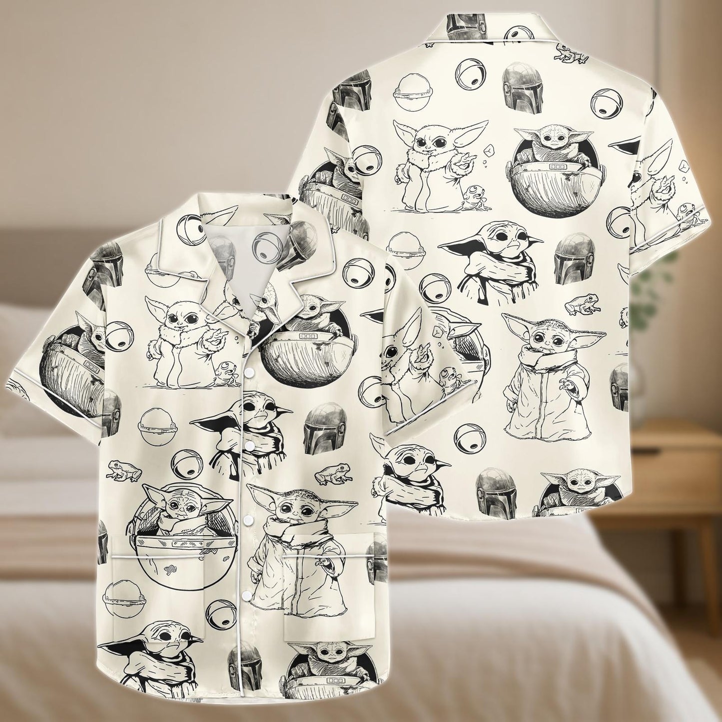 Grogu Baby Yoda Pajama Set, Star Wars Satin Shorts and Shirt, Sketch Print Sleepwear, Cute Mandalorian Gift for Her, Loungewear