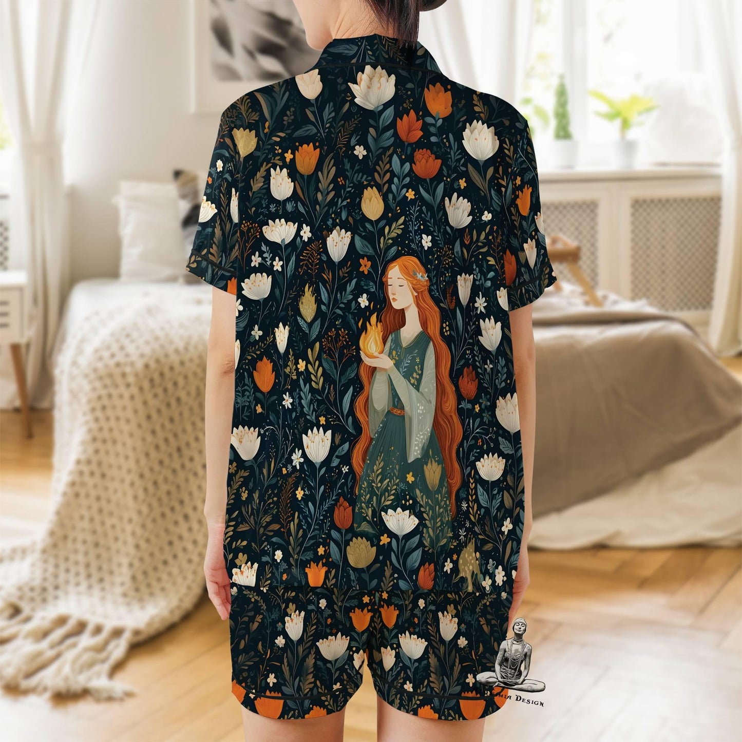 Brigid Pajamas Set Short Sleeves, Brigit Celtic Goddess Woman's Satin Pajama Short Sleeve Gift Celtic Deity