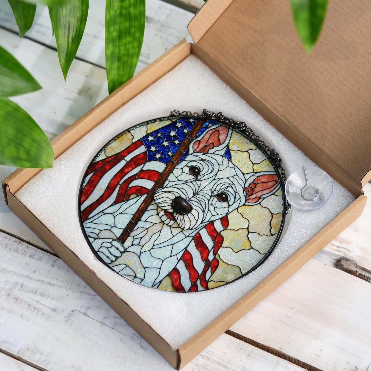Patriotic dog American flag stained glass window art round suncatcher gift for July Fourth dog lover home decor