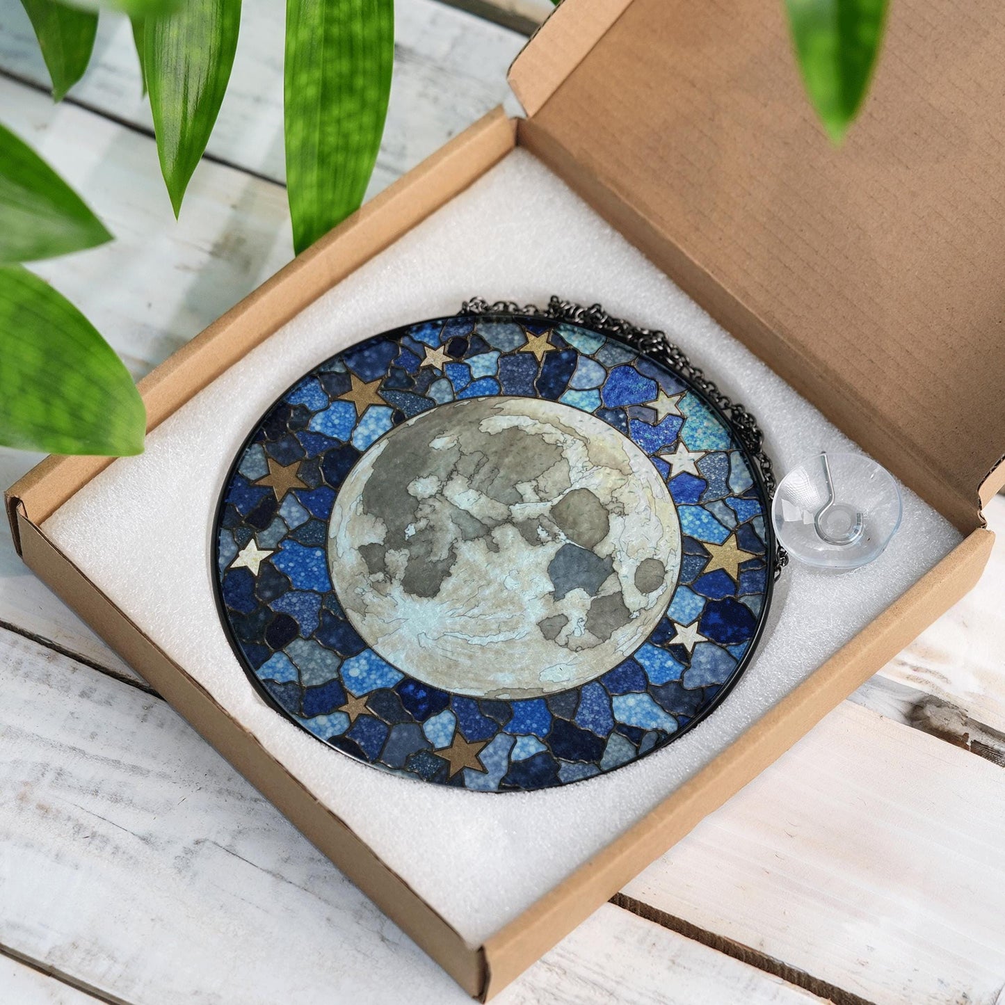 Mosaic Moon Starry Night stained glass suncatcher round window hanging celestial art gift for space lover mom birthday