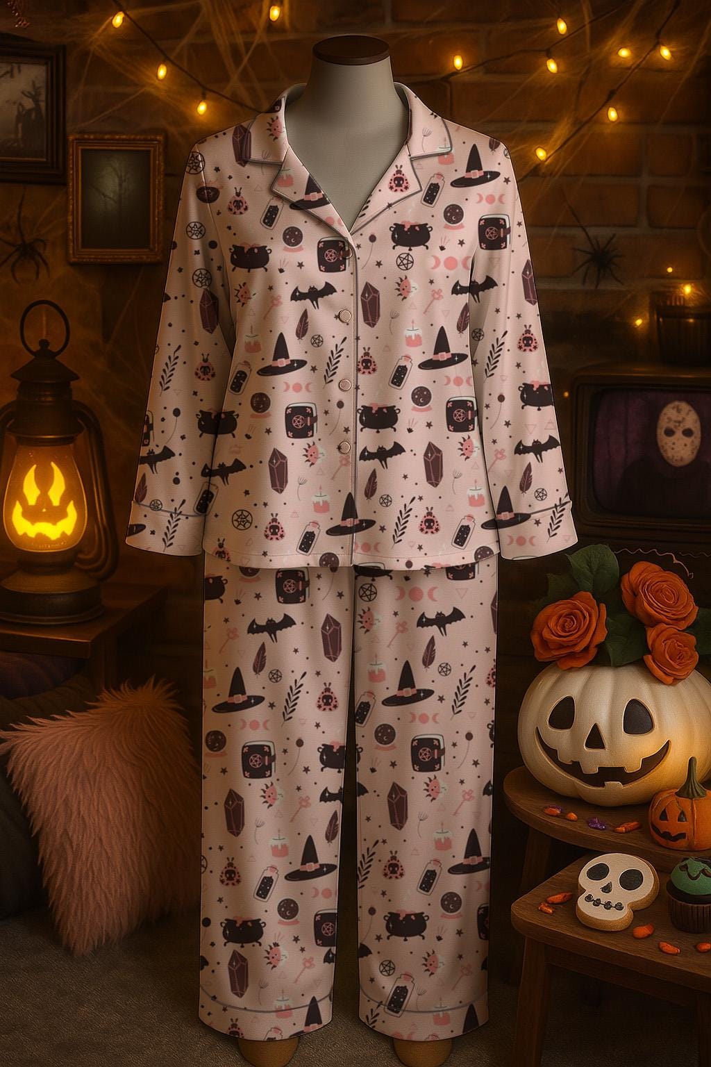 Cute Halloween Season Pajamas Set, Cozy Spooky Matching Pajamas Set, Fall Season Boo Ghost Pajamas Women, Pumpkin Witch Pjs, Silky Sleepwear Pajamas Set
