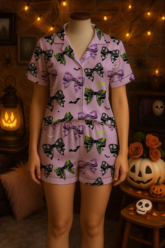 Halloween Coquette Satin Pajama Set, Halloween Coquette Pajama, Scary Pajamas Spiders Black Bows Gothic Halloween Pajama,Halloween Sleepwear Pajamas Set