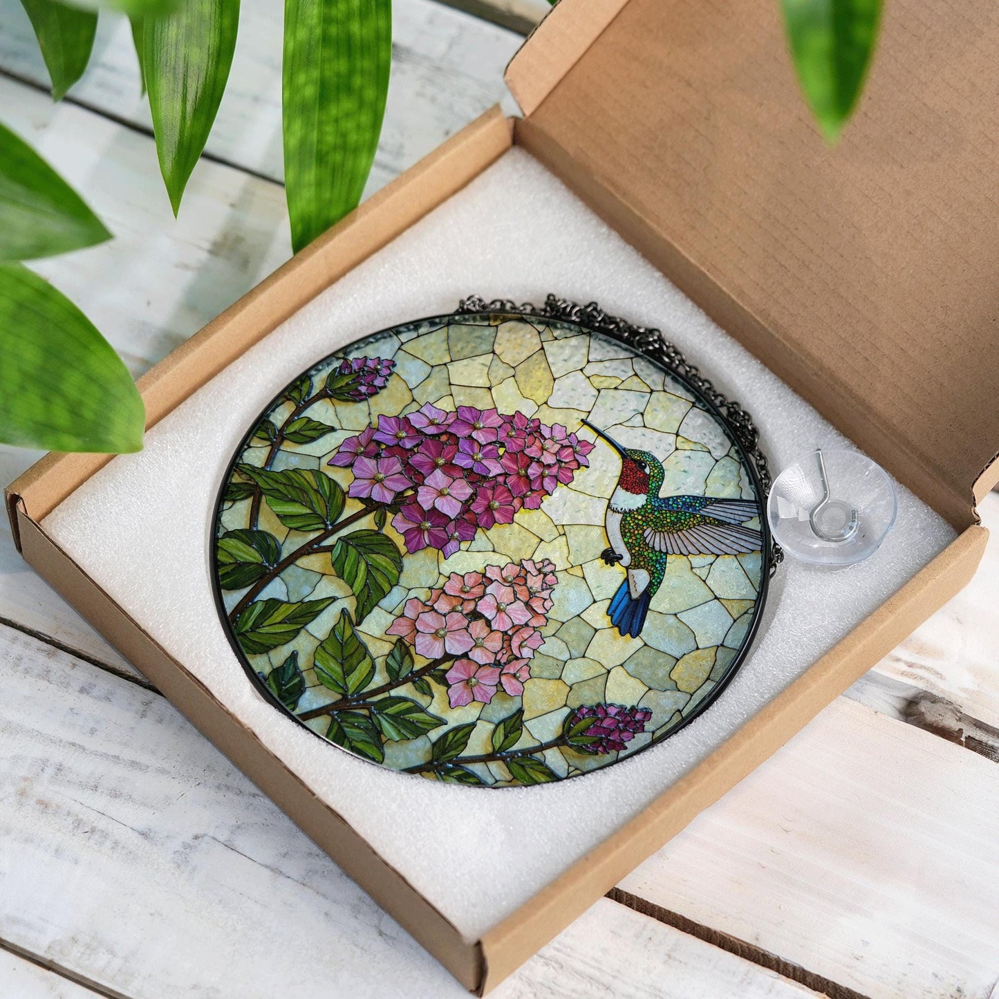Hummingbird and Hydrangea Round Suncatcher Window Decor Stained Glass Gift for Mom