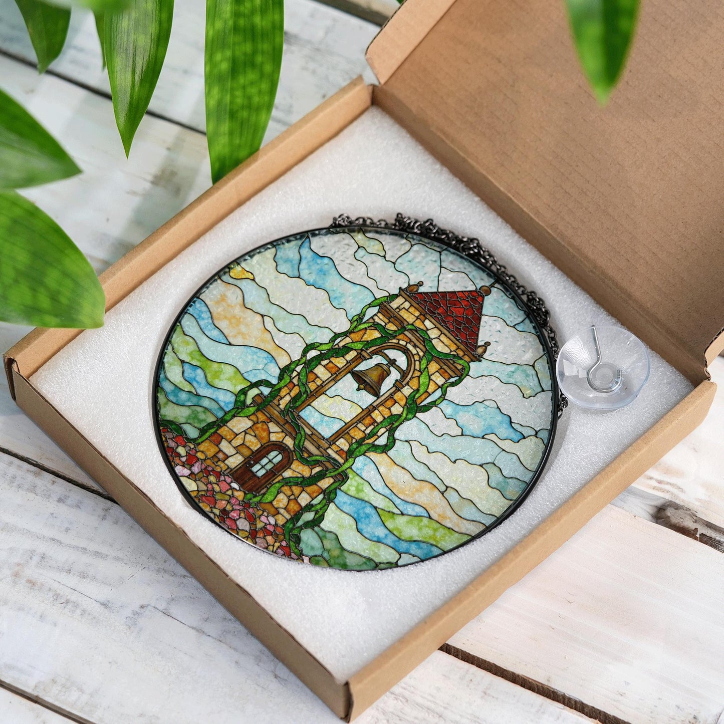 Ivy Tower Bell Scene Suncatcher Stained Glass Style Window Decor Gift for Christmas or Housewarming