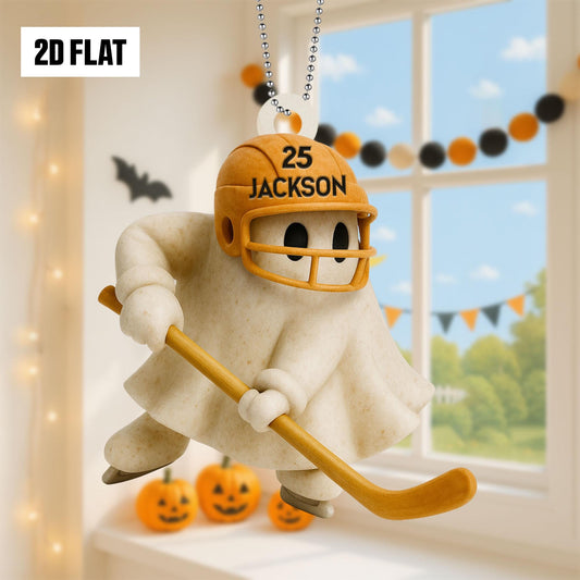 Personalized Hockey Ghost 2D Flat Ornament, Custom Name Ghost with Bat, Fall Sports Gift for Kids & Hockey Fans, Halloween Hanging Window