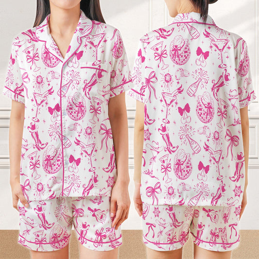 Disco Cowgirl Bachelorette Pajama Set, Coquette Pink Bow Satin Sleepwear, Cowgirl Martini Pajamas, Western Bridal Party PJs, Girly Pajamas