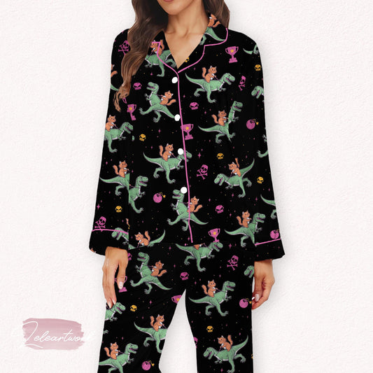 Princess Donut And Mongo Set – Funny Dino Rider Pajamas with Cats, Crowns And Donuts | Whimsical Loungewear for Cozy Sleep And Gift-Giving