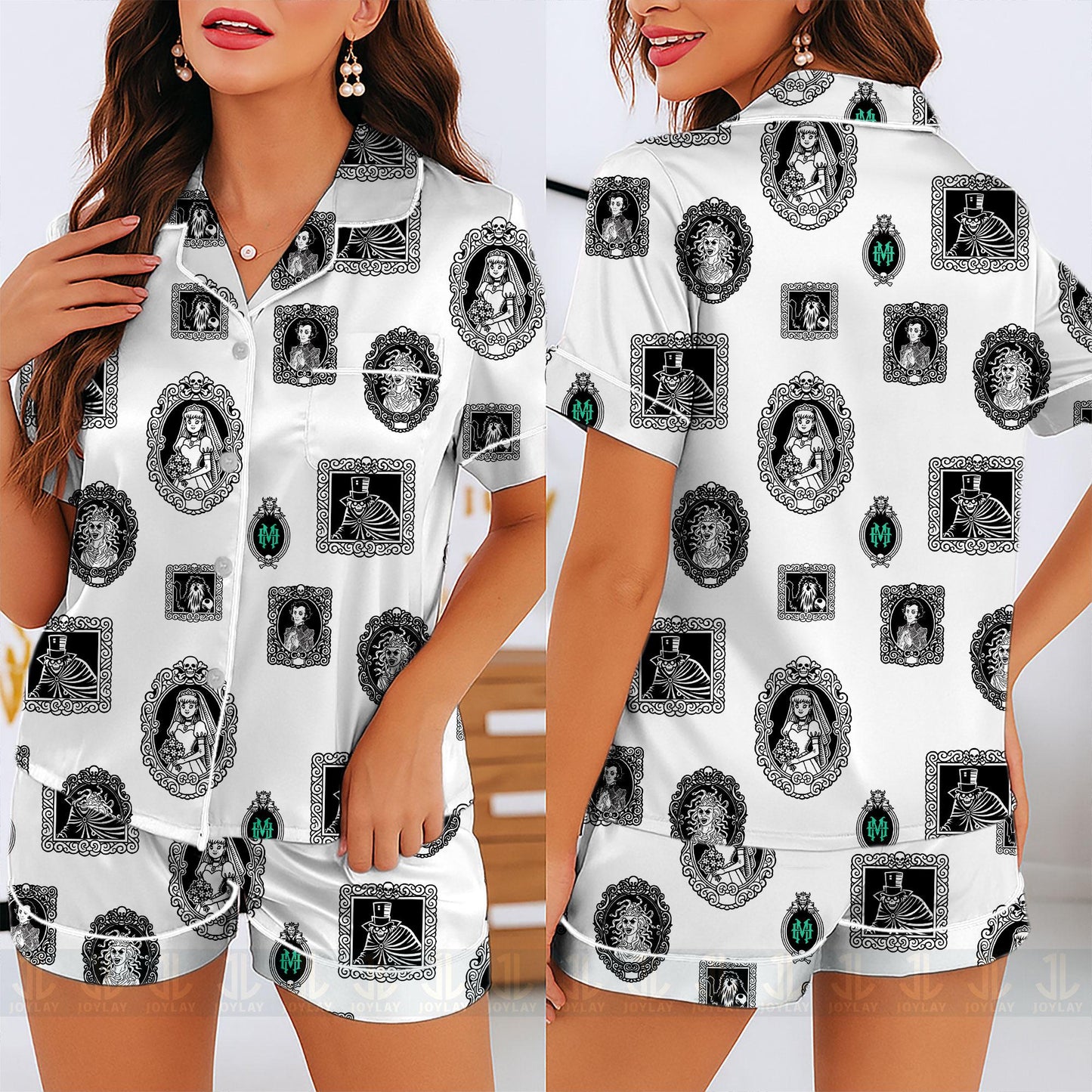 Haunted Mansion Welcome Foolish Mortal Frame Unisex Satin Pajamas Set, Spooky Season Pajamas , Long Sleeve And Short Styles