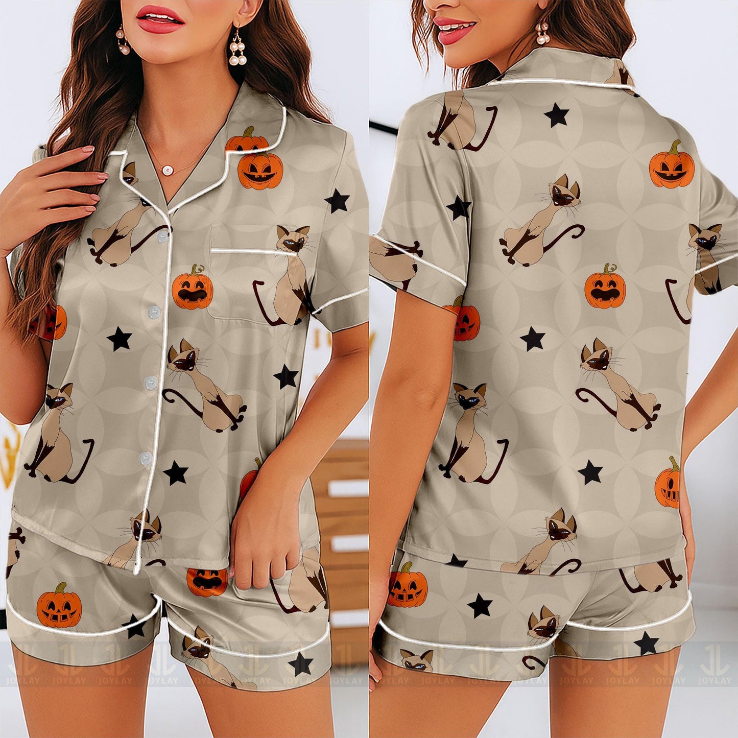 Lady and Tramp Si Am Cat Unisex Satin Pajamas Set, Spooky Season Pajamas , Long Sleeve And Short Styles