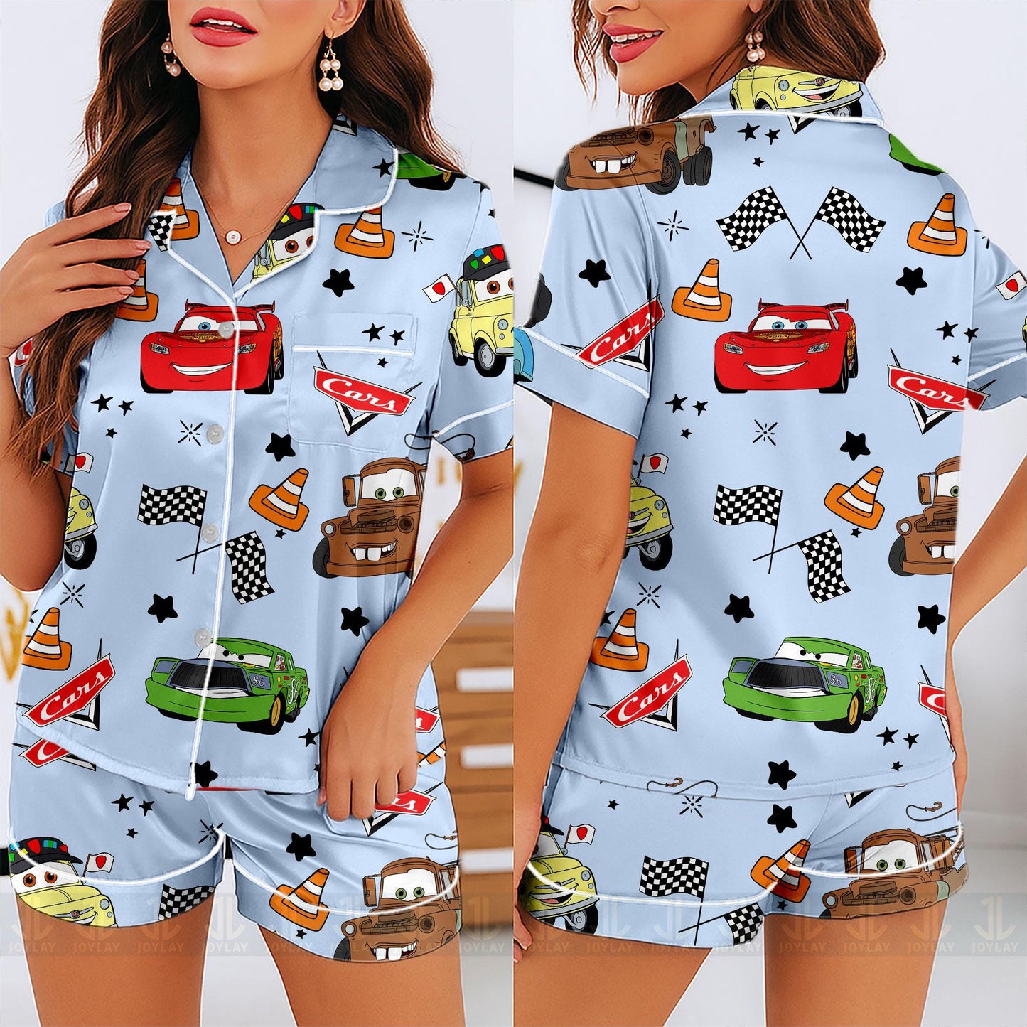 sTow Mater McQueen Friend Cars Unisex Satin Pajamas Set, Spooky Season Pajamas , Long Sleeve And Short Styles