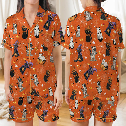 Halloween Cat Pajama Set, Cute Boo Cat Sleepwear, Spooky Black Cat Loungewear, Funny Ghost Mummy Witch Cat PJs, Gothic Halloween Pajamas
