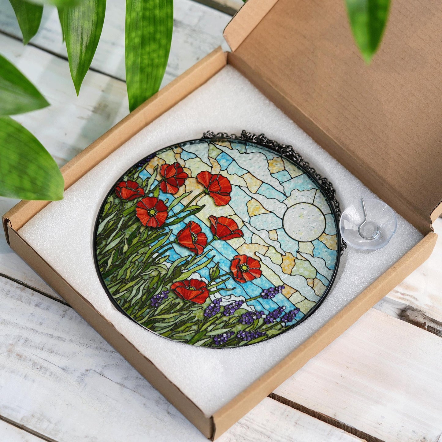 Red poppies lavender field stained glass suncatcher floral decor gift for mom birthday