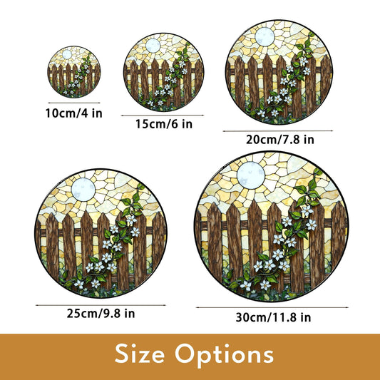 Rustic wooden fence with white flowers stained glass suncatcher gift for nature lovers