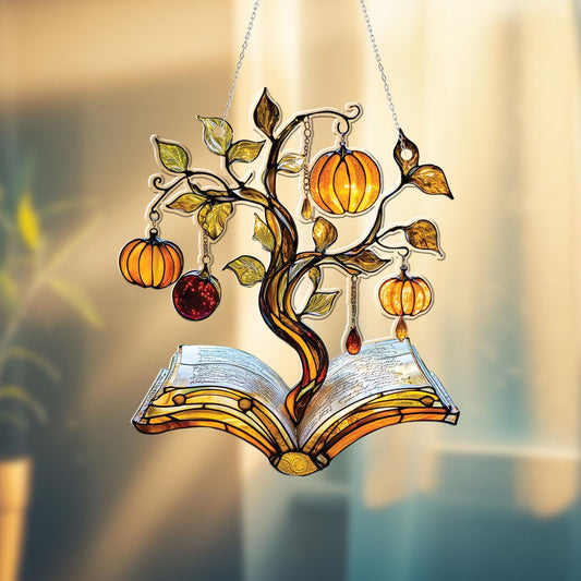 Autumn Book Tree Window Hanging Decor with Pumpkins and Leaves, Literary Fall Ornament for Book Lovers, Cozy Home Seasonal Decoration