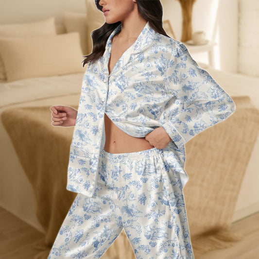 Toile Satin Pajama Set for Women, Blue and Ivory Vintage Sleepwear, Long Sleeve Silky Loungewear, Elegant Two Piece Nightwear