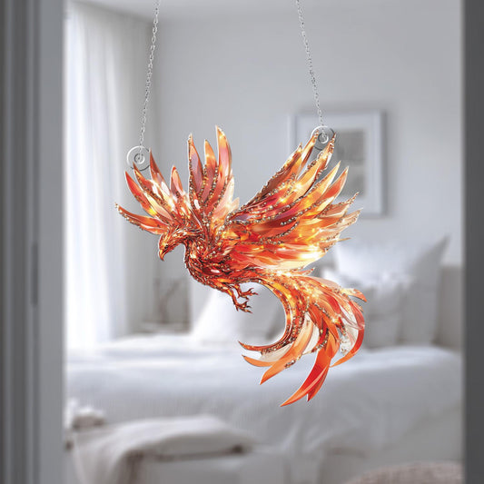 Phoenix Firebird Window Hanging Art - Colorful Sun-Catcher for Home Décor, Vibrant Resin Bird Sculpture, Unique Gift for Nature Lovers