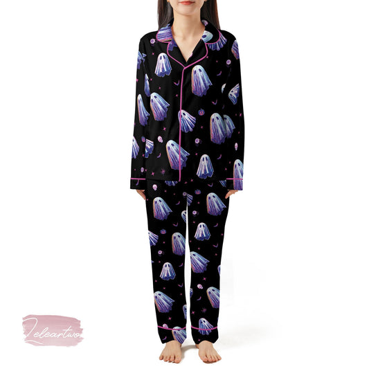 Spooky Halloween Set – Cute Ghost Print Pajama Shorts Set | Pastel Goth Sleepwear for Trick-or-Treat, Fall, or October Nights