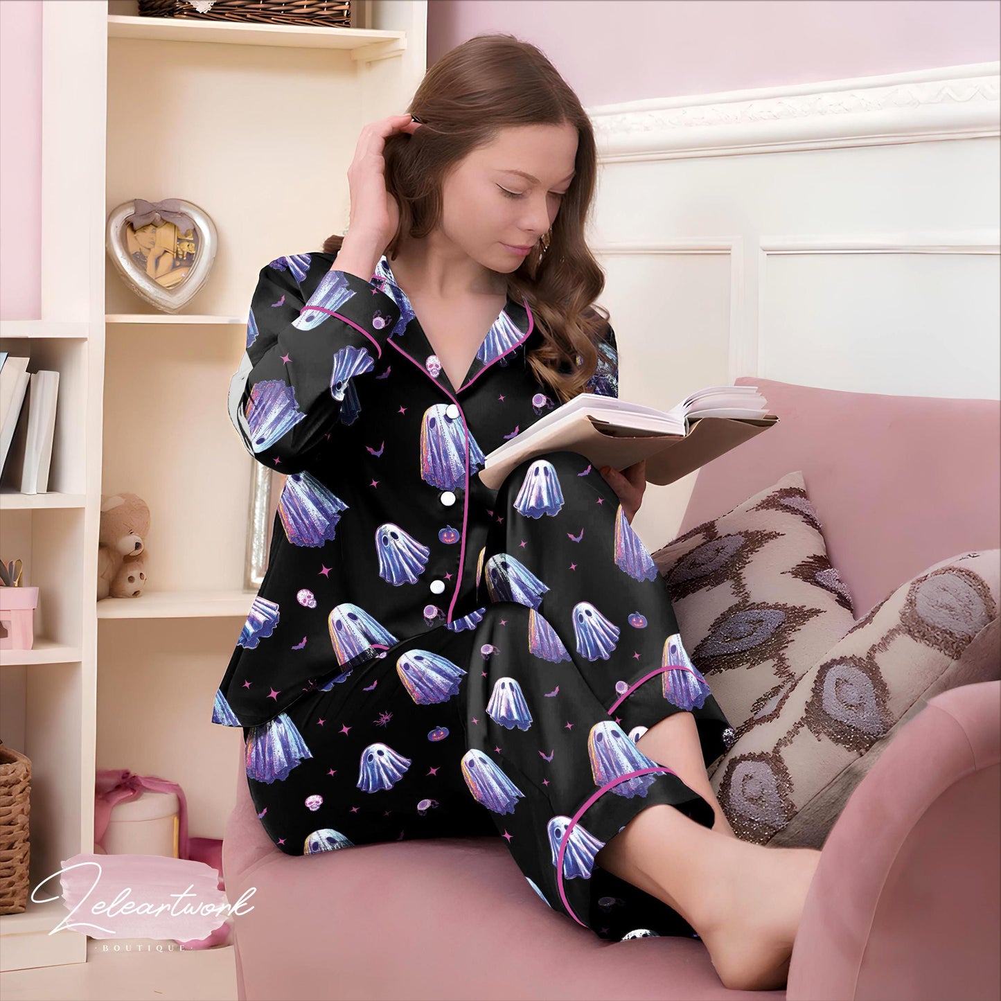 Spooky Halloween Set – Cute Ghost Print Pajama Shorts Set | Pastel Goth Sleepwear for Trick-or-Treat, Fall, or October Nights