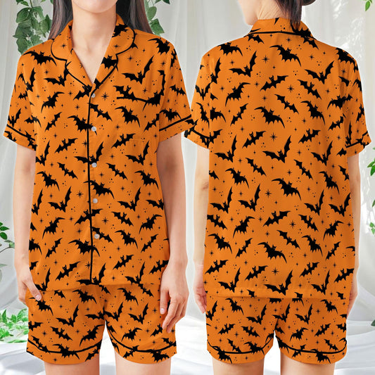 Spooky Bat Halloween Pajama Set, Halloween Sleepwear, Spooky Season Satin Pajamas, Gothic Halloween PJs for Women, Horror Holiday Gift