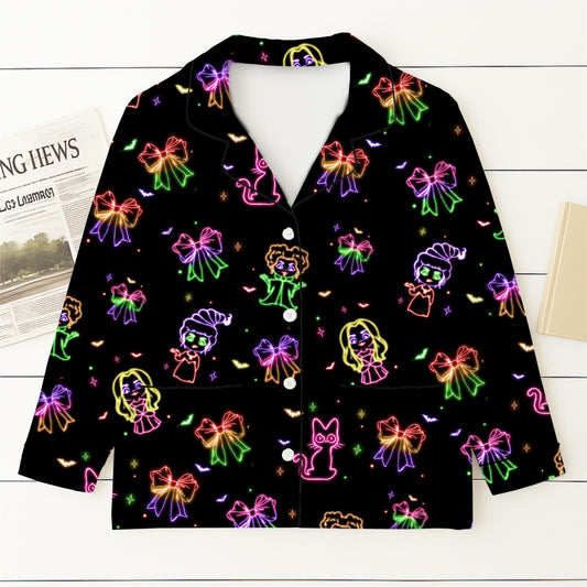 Halloween Neon Witch Pajamas Set, Halloween Witch Movie Sleepwear, Witch With Bow And Cat Homewear, Cozy Loungewear, Witch Movie Fan Gift