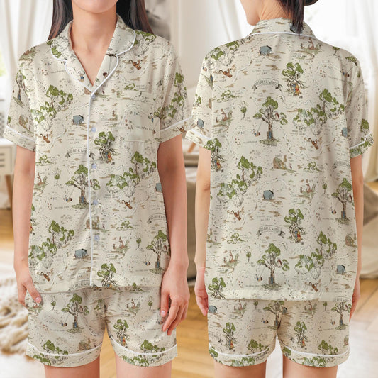 Winnie Map Pajama Set, Acre Wood Sleepwear, Pooh Map Pajamas, Fairy Tale Woodland Area Loungewear Set, Winnie Grip, Pooh And Friends Pjs