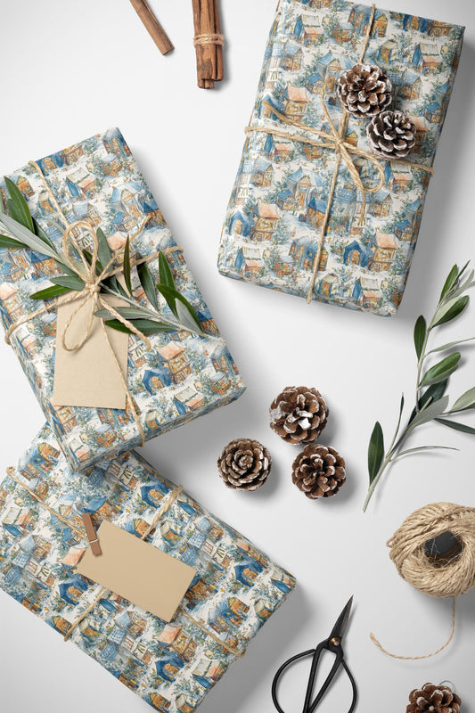 Christmas Village Town Wrapping Paper Roll, Snowy Scene Gift Wrap for Winter and Holiday Gifts #11