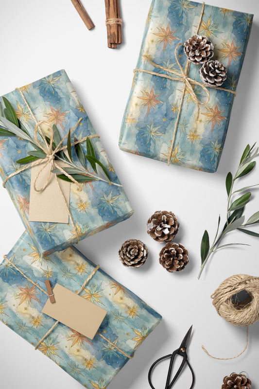 Watercolor Star Christmas Wrapping Paper Roll, Elegant Holiday Gift Wrap with Gold Star Design #1