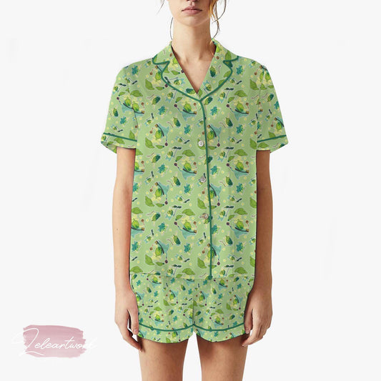 Korok Pattern Pajama Set – Zelda-Inspired Green Sleepwear with Forest Spirit Print, Cozy Gamer Loungewear for Fans of Hyrule