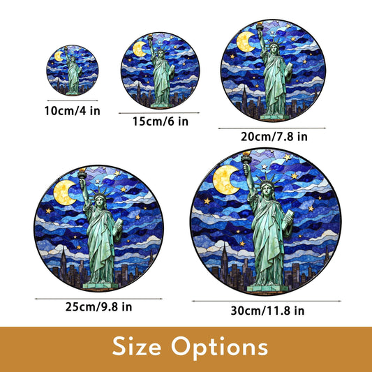 Statue of Liberty under moonlit sky stained glass suncatcher window decor Fourth of July patriotic gift