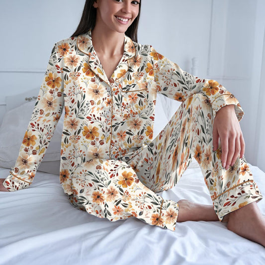Fall Cottagecore Flower Field Pajama Set, Cozy Autumn Sleepwear, Cottagecore Fall Loungewear Set, Boho Fall Floral Pajamas, Thanksgiving Pjs