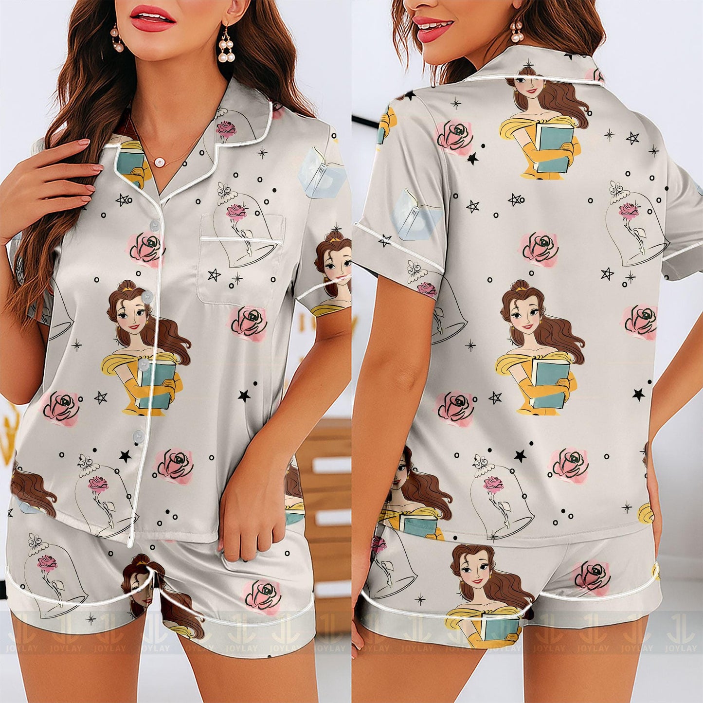 Belle Princess Rose Book Unisex Satin Pajamas Set, Spooky Season Pajamas , Long Sleeve And Short Styles