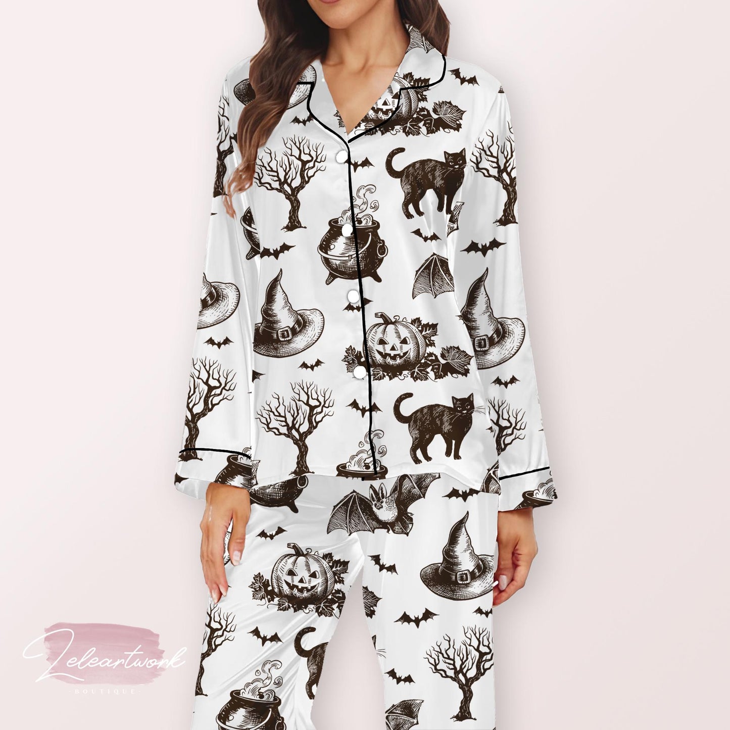 Bewitched Vintage Pajama – Retro Halloween Cat, Cauldron & Pumpkin Print Sleep Set | Spooky Autumn Loungewear for Women