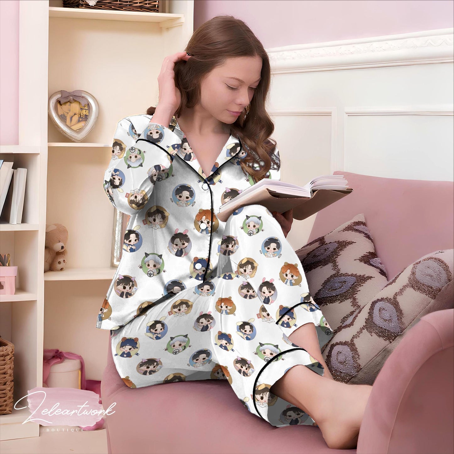 Ateez Chibi Pajama Set – Kpop Short Sleeve Sleepwear Featuring All 8 Members in Cute Outfits, Cozy ATEEZ Fan Gift
