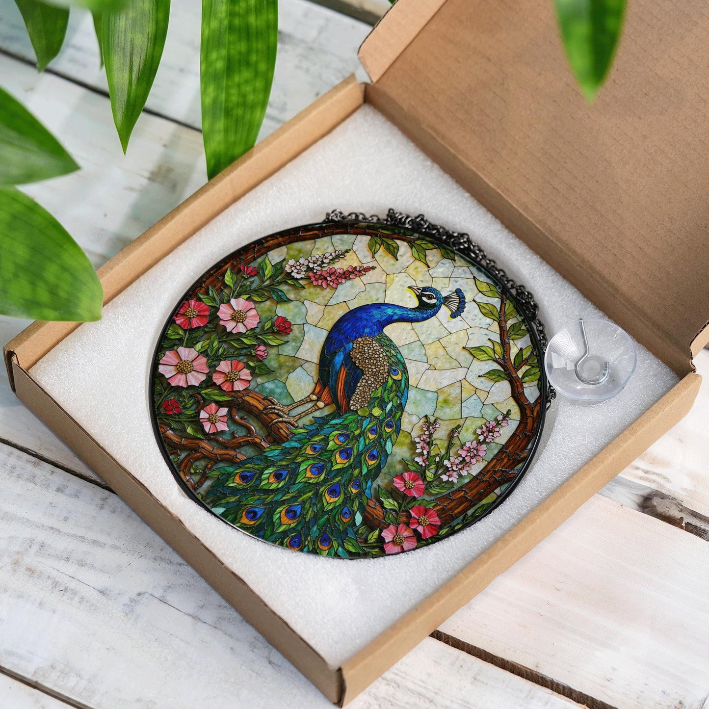 Vibrant peacock floral round stained glass suncatcher window hanging gift for Mother Day or birthday