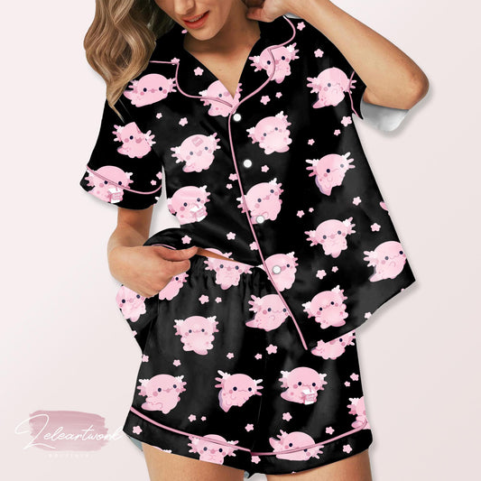 Cute Axolotl Pajama – Black Satin Short Set with Adorable Pink Axolotl Print | Kawaii Sleepwear for Women & Teens