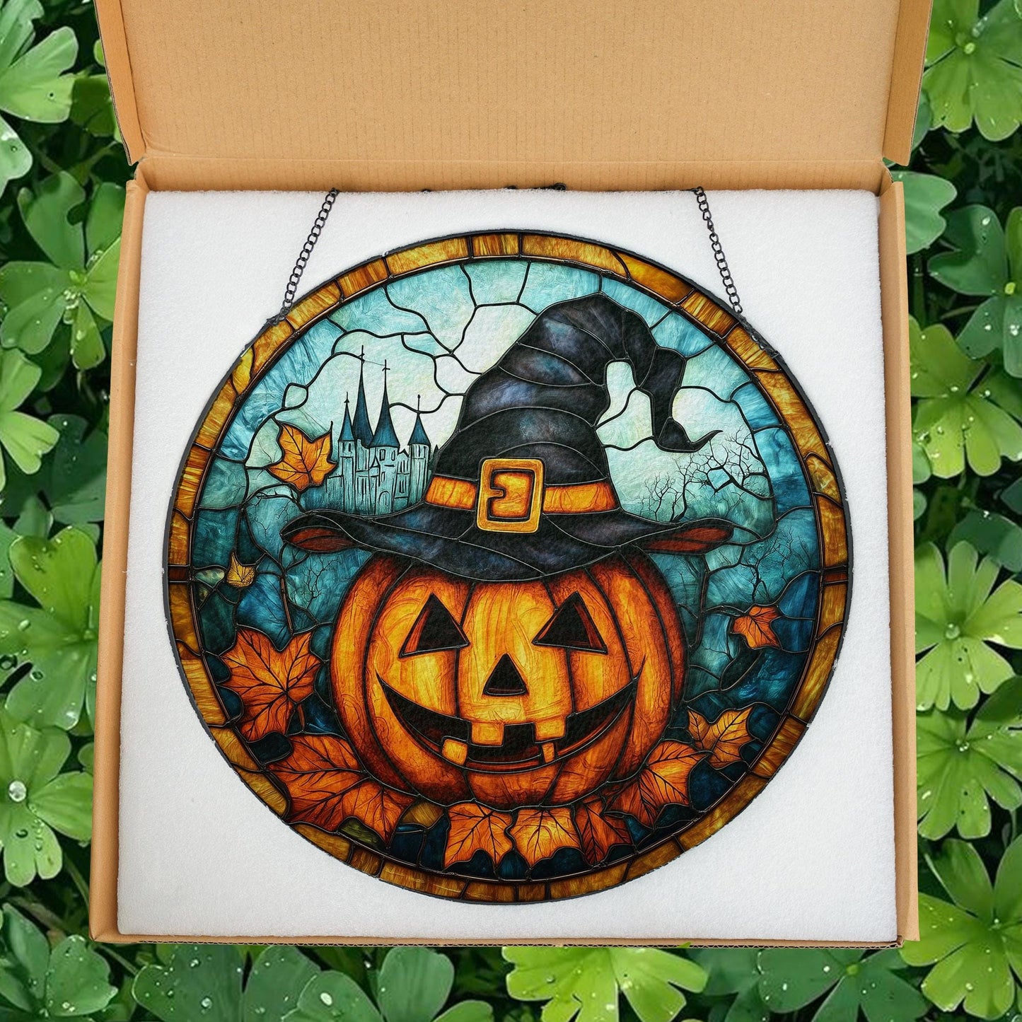 Fall Pumpkin Witch Stained Glass Suncatcher, Pumpkin Fall Vibes Window Hanging Decor, Charming Pumpkin Suncatcher, Fall Suncatcher Decor